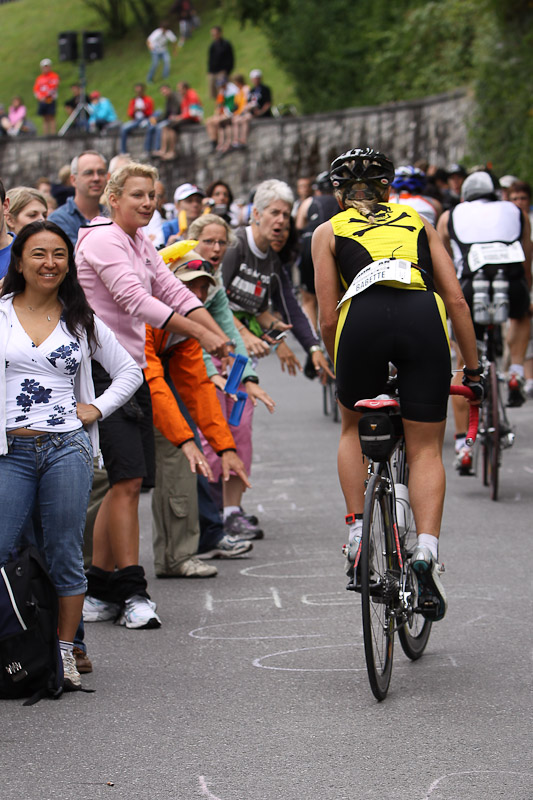 Babette riding up Heartbreak Hill. Superb crowd support.