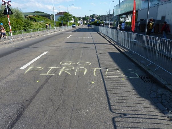 "Go Pirates" chalked into the road.