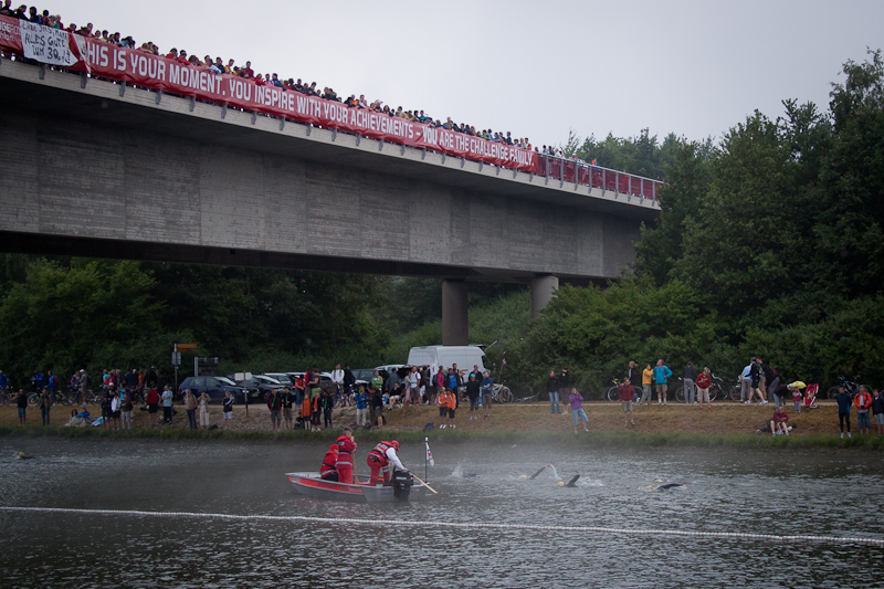 Competitors nearing the end of the 2.4 mile swim