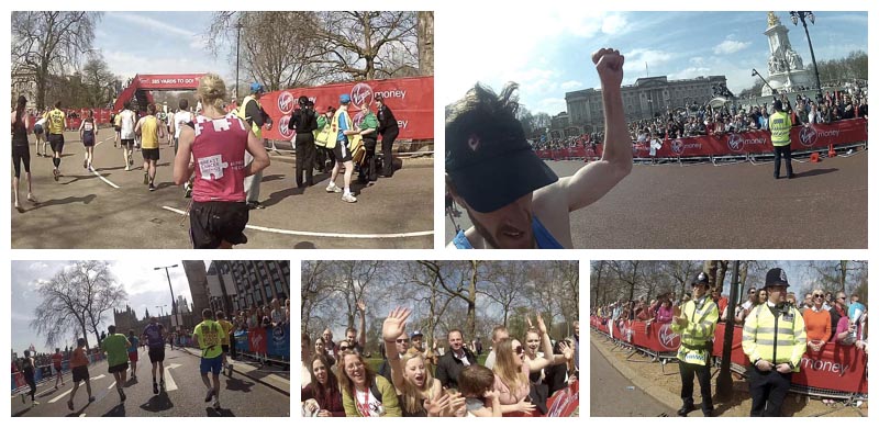 (clockwise) Just before the '385 yards to go' sign there was a chap being pushed away in a wheelchair. So so close.... Running past Buckingham Palace I cheer to the Queen! Getting applause from a policeman. Support on Birdcage Walk. Coming up towards Big Ben and the Houses of Parliament.