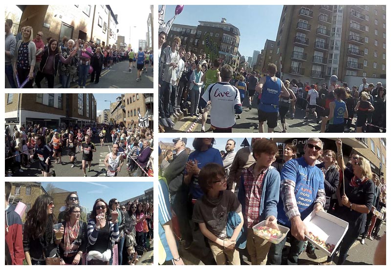 Narrow Street - In the top right photo Sharon and Kirsty are the fourth and fifth 'heads' visible on the left side. It's hard work spotting people here because of the crowds, but its a fantastic place to support (and also run through).