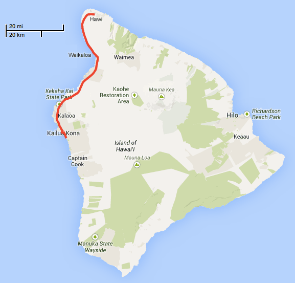 The route from Kona to Hawi - just under 55 miles