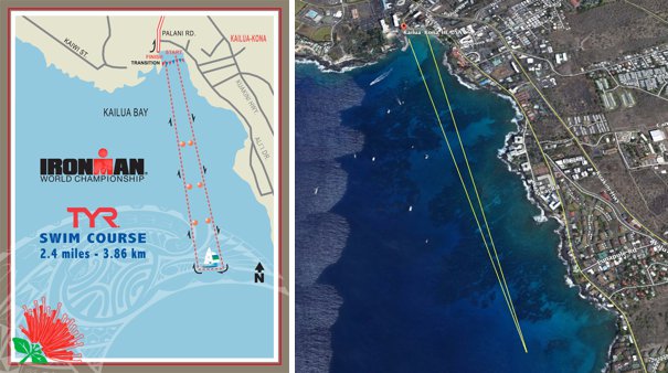 Swim course map and lines indicating difference in distance to first turnaround based on start line position (i.e., minimal)