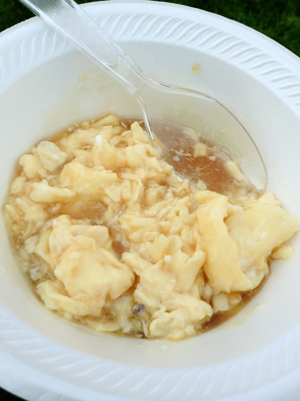 Scrambled egg and maple syrup. Surprisingly tasty.