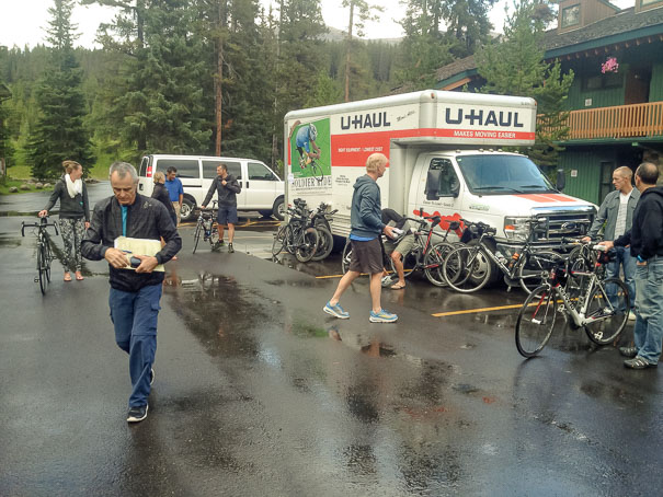 Walking our bikes to dinner. They didn't eat with us - they stayed in a storage room in the main hotel block