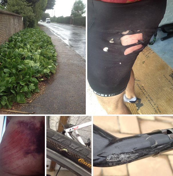 Clockwise: where I fell, initial damage, my bum!, temporary tire repair, damaged carbon handlebars